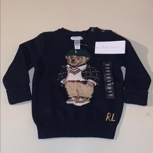 Ralph Lauren Polo Bear Navy Blue Knit Baby Sweater Preppy Beret Plaid Blazer 18M